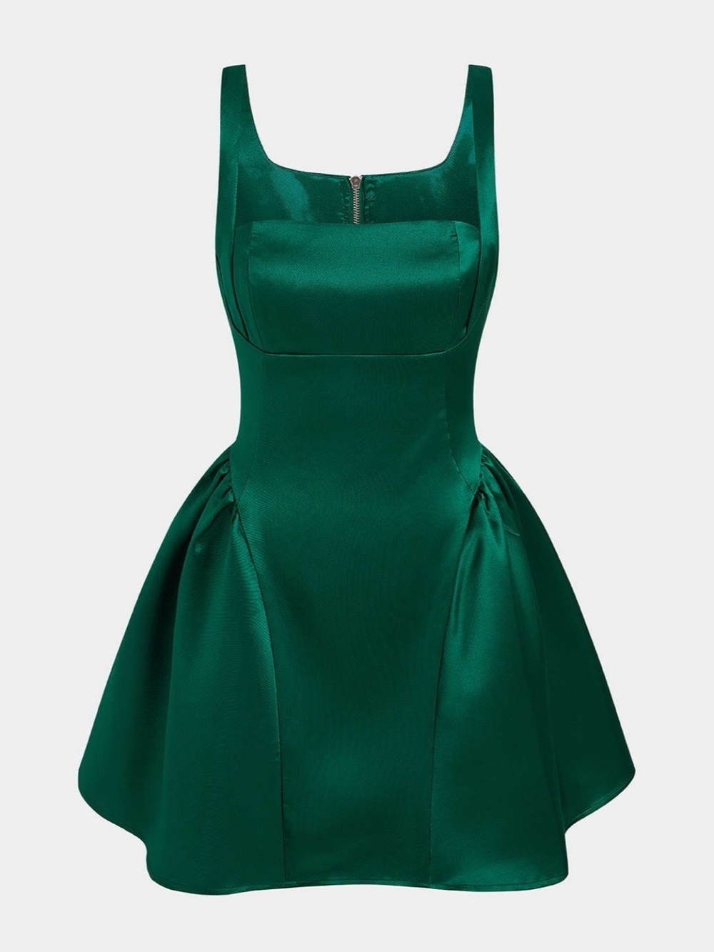 Emerald Satin Square-Neck Mini Dress